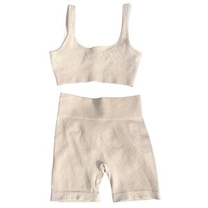 2 pc Light Nude Ribbed Lounge Bra & Biker Shorts